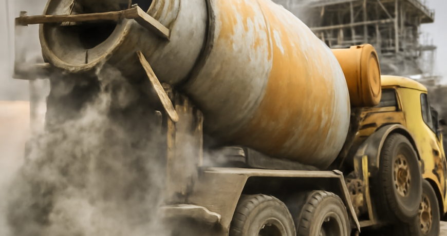Betoniere in cantiere: polvere di cemento, sovraccarico e cinghia che slitta